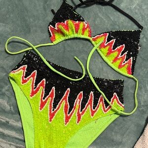 Neon Lime High-Waist Sequin Shorts — Flame Accent